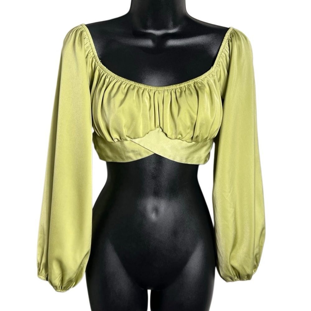 Emory Park Long Sleeve Tie Back Crop Top Satin Green Size Medium